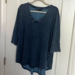 Blue denim tee shirt, medium sleeves, v neck
